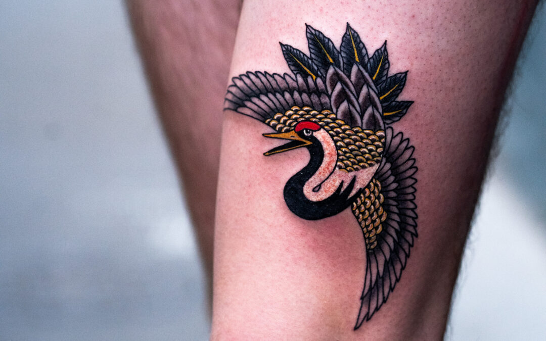 Lapivouane Bleu Noir oiseau grue tatouage japonais