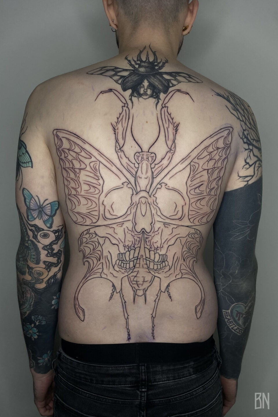 shorttty backpiece black and grey insect papillon dos tatouage