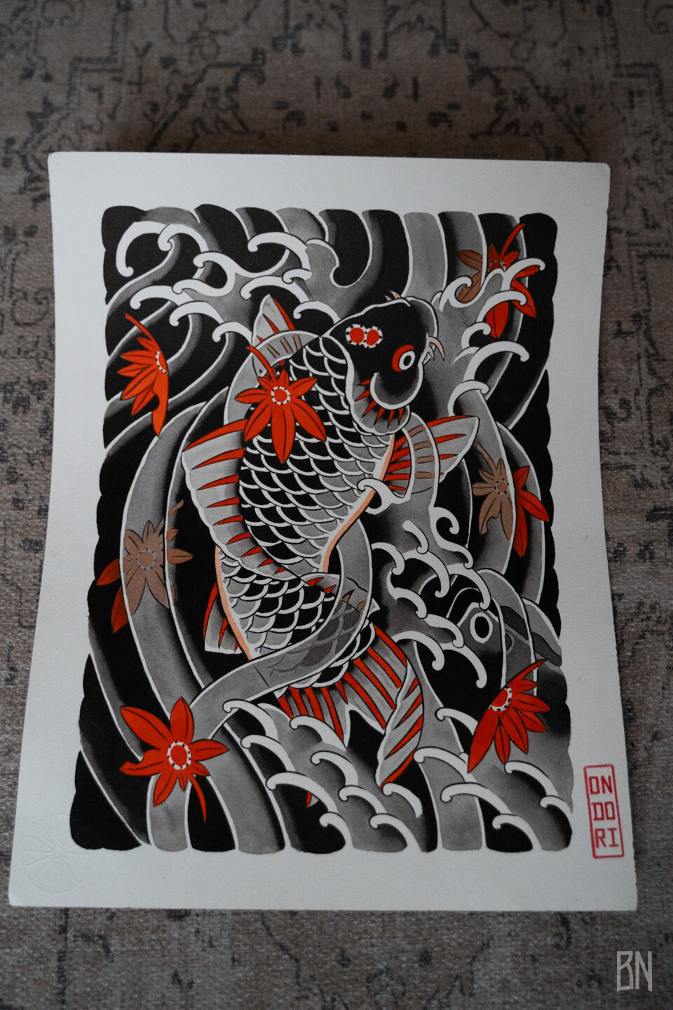 illustration encre de chine peinture carpe koi ondori irezumi